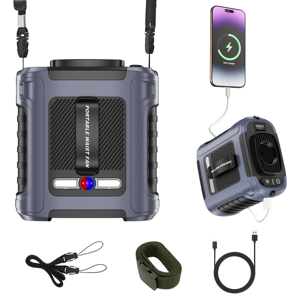 TEMU Wearable Portable Neck & Waist Hanging Usb Fan 10000mah Rechargeable 22000rpm Brushless Motor Desk Fan 5 Wind Indicator Built-in Flashlight For Outdoor/indoor Jobs Camping Hiking Fishing