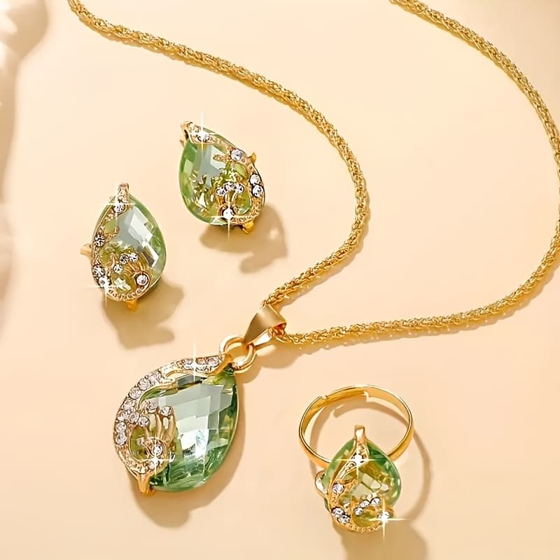 TEMU 4pcs Elegant Ladies Jewelry Set With Green Synthetic Zirconia - Golden Necklace, Earrings And Rings - Luxurious And Gift For Casual Attire And Special Occasions