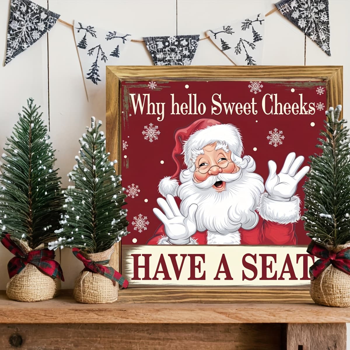 TEMU 1pc "why Hello Sweet Cheeks " Rustic Farmhouse Wooden Framed Wall Decor Sign - 8x8 Inch Santa Claus & Snowflakes Design With Red Background, Lettering & Finish - Christmas Bathroom Room Art