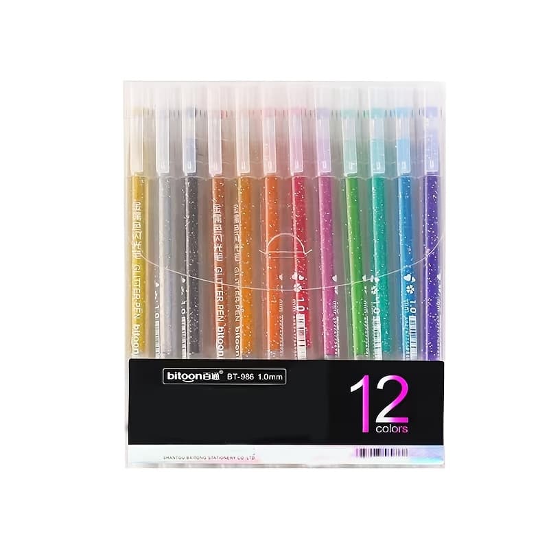 TEMU 12 Colors Flash Gel Pen Color Neutral Pen Sparkling Metallic Sand Pen Highlighter Marker School Home Writing Pen 12pcs Gift Set