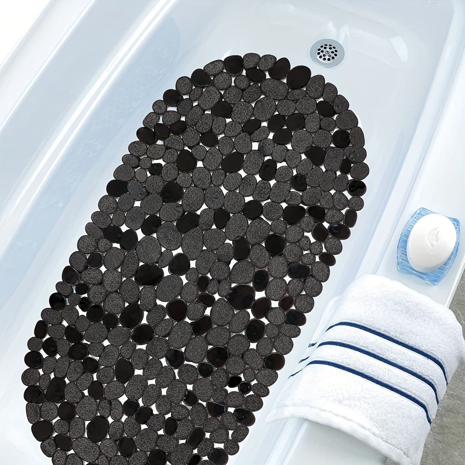 TEMU 1pc Pebble Design Non-slip Bathtub Mat With Suction Cups, 27x14 Inch, Machine Washable, Bpa & Latex Free, Pvc Shower Mat With Drain Holes For Bathroom Safety And Home Decor