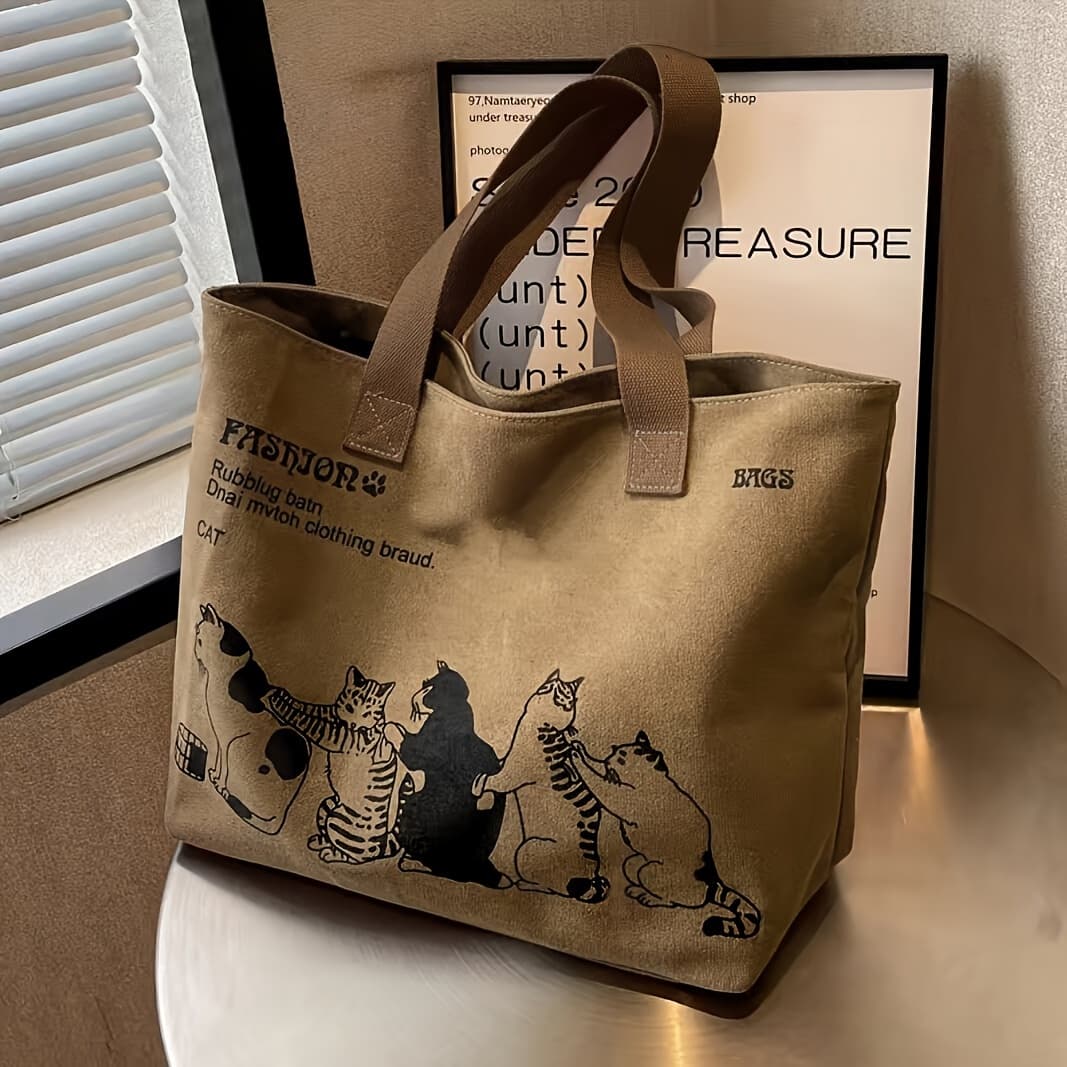 TEMU Stylish Black Canvas Tote Bag With Cat Illustrations - Large Capacity, Zipper Closure, Shoulder Handbag For Women, , Gift | Whimsical Cat Design | Durable Canvas