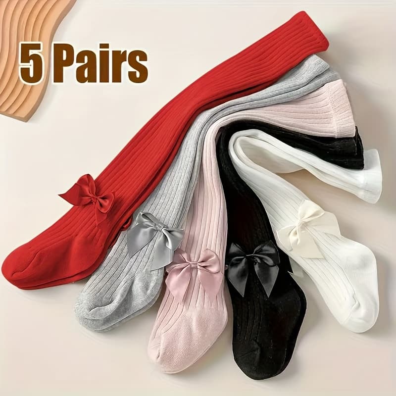 TEMU 5-pack Fashion Children's Bow Pantyhose: Comfortable Stretch Fabric, Colorful Style, , Casual Wear Are Suitable, Brand New !