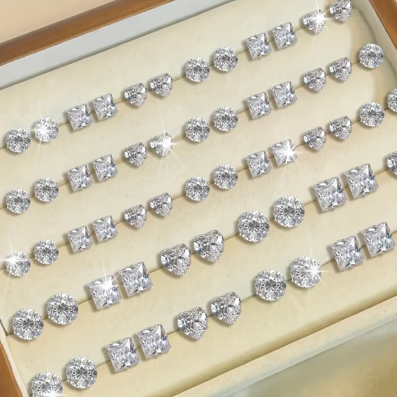 TEMU Minimalist Style 72pcs Sparkling Synthetic Synthetic Zircon​​​​ Stud Earrings Set, Geometric Love Heart Shape, Suitable For Men And Women Daily Match For Party Vacation Dating Holiday Gift