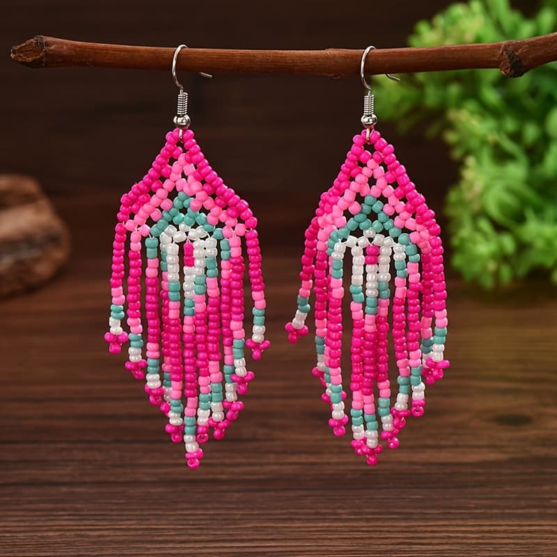 TEMU Ethnic Style Geometric Tassel Woven Rice Bead Earrings Women's (, Color And Pattern )