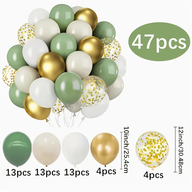 TEMU 47pcs Of Sage Green Sandalwood Set, Featuring Golden Confette Balloons, Wedding Gift Parties, Bride Showers, Wildlife Park Birthday Party Decorations