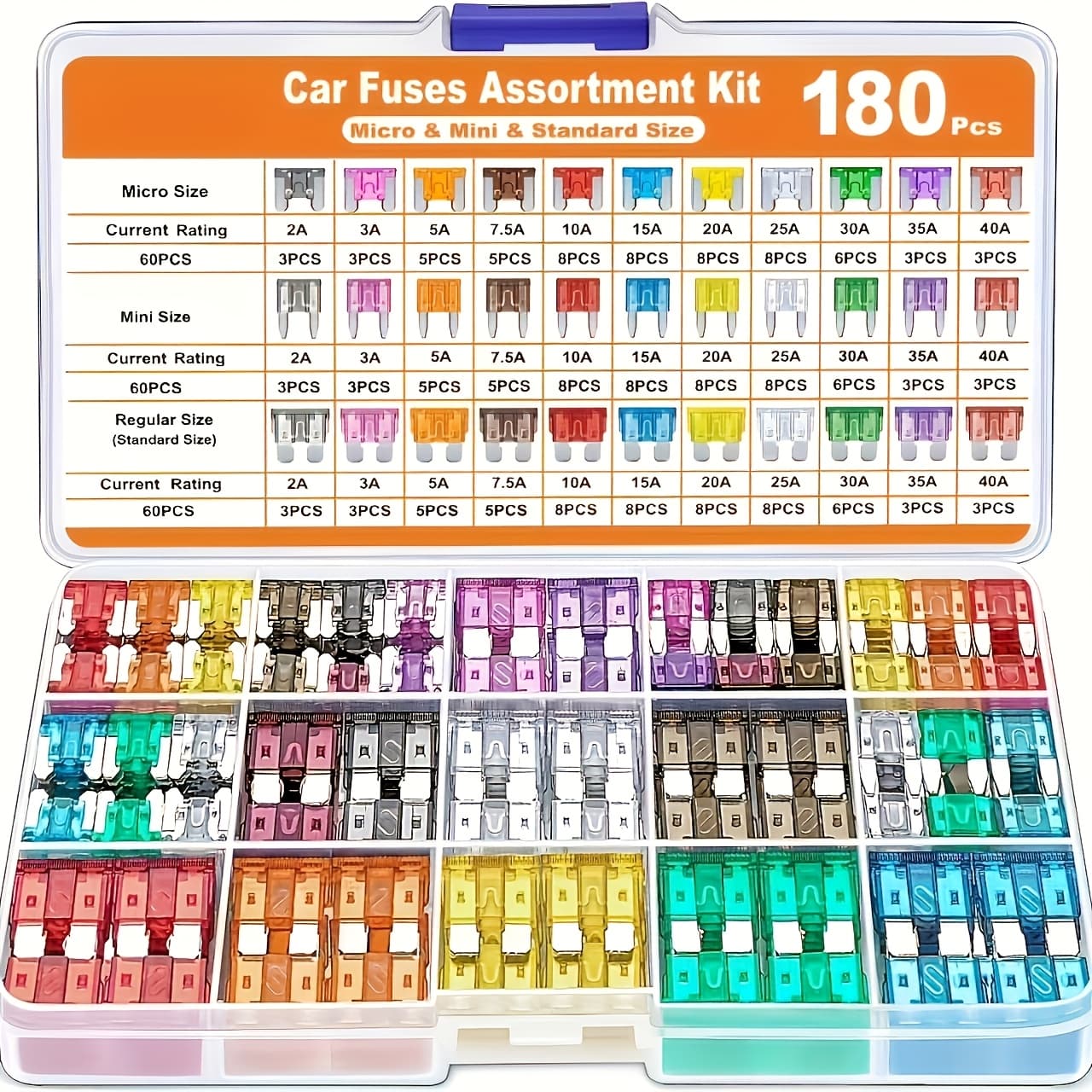 TEMU 180pcs Car Fuse Kit Containing 60pcs Mini Blade Fuses, 60pcs Standard Fuses, 60pcs Micro Fuses, 1pc Fuse Puller, Aluminum Material, Mixed Color, Uncharged , For Car/trailer/truck/motorcycle