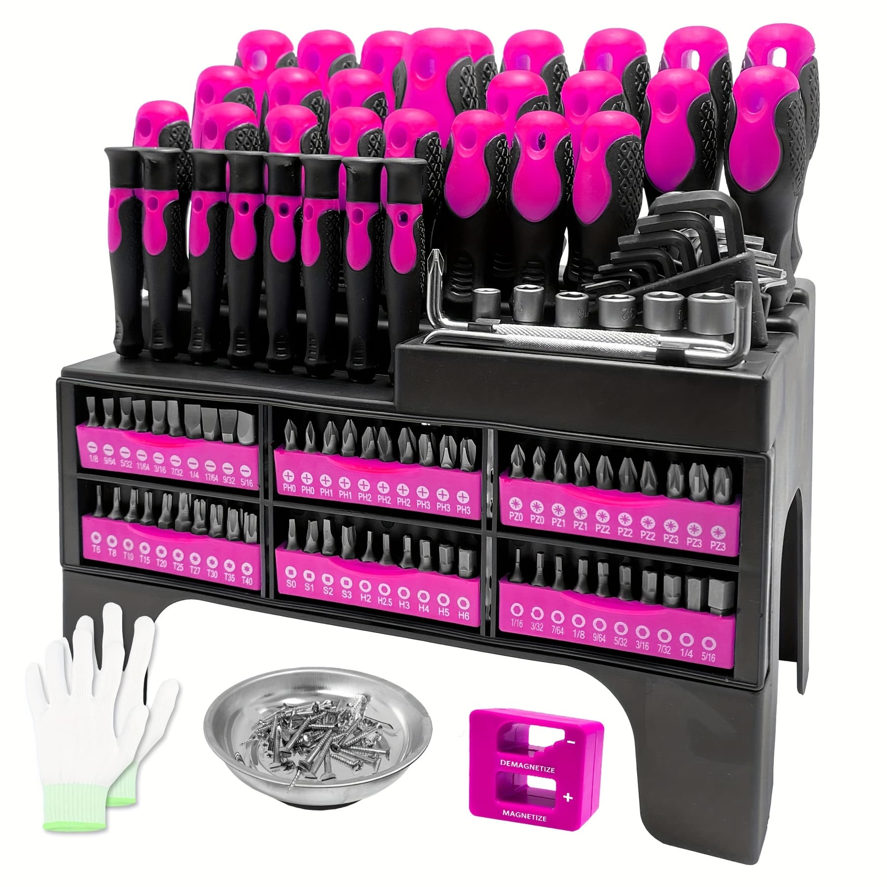 TEMU 118pcs Magnetic Screwdriver Set With Plastic Rack And Magnetic Tool Bowl, Chrome Vanadium Steel, For Electronics And Precision Work, Non-slip Rubber Handles, Durable Metal Construction (rose Red)