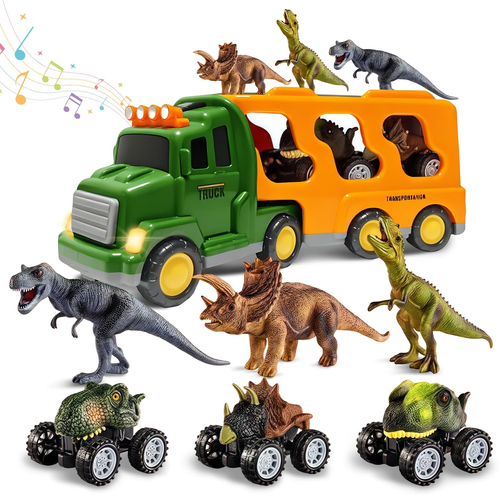 TEMU Dinosaur Truck Toys For Boys And Girls, Transport Car With 3 Dino Figures, 3 , Lights And Sounds, Battery Powered Friction Vehicle, Perfect Gift, Educational Toys, Toy Truck, Dinosaur Toys