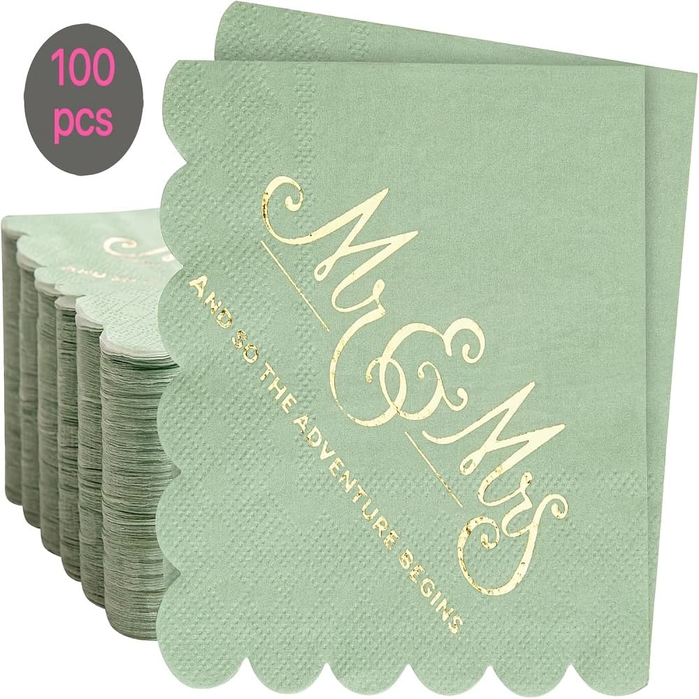 TEMU Set Of 100 Sage Green Scalloped Napkins Featuring Text That ' And So The ', Perfect For Weddings, Bridal Showers, And