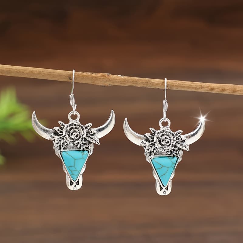 TEMU A Pair Of Vintage Bohemian Ethnic Style Geometric Earrings With Rose Flowers And Inlaid Synthetic Turquoise Made Of Alloy, Perfect For Fashion