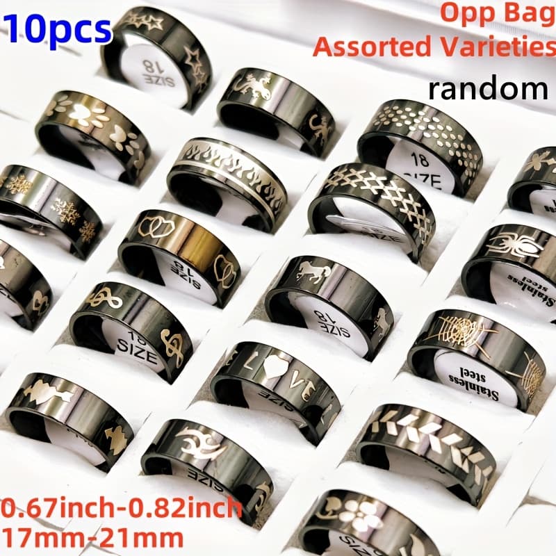 TEMU 10pcs/pack Men's Jewelry Set Laser Marking Rings Suitable For Men And Women Styles Ring Size 17mm-21mm Black Mixed Style Party Jewelry Gifts Additions Wholesale Fashion Charm Ring Set