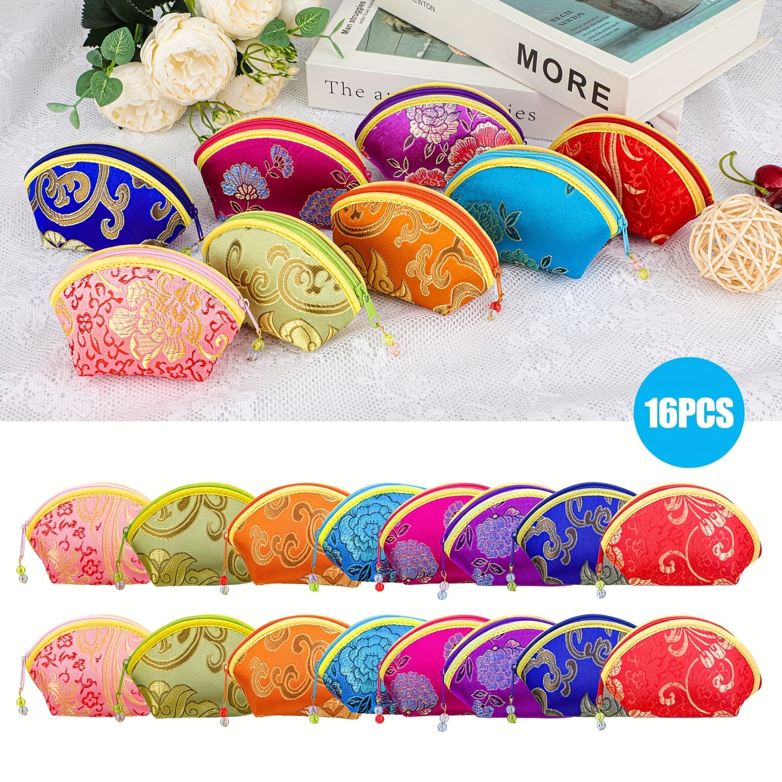 TEMU 16pcs Zippered Jewelry Storage Bags, Chinese-style Jewelry Organizer With Floral Patterns, Mini Decorative Pouches For Small Items, Portable Design For Vanity And Travel Use