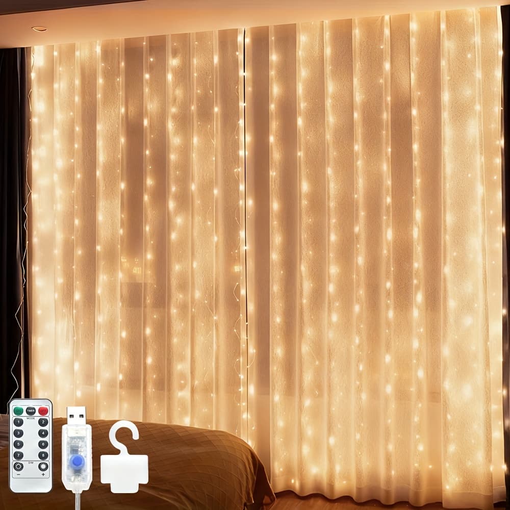 TEMU 1pc Curtain Light 300led, Usb Powered, Remote & , Fantasy Themed, Brushed Metal End, For Bedroom, Indoor, Outdoor, Valentine's Day, Weddings, Party Decorations