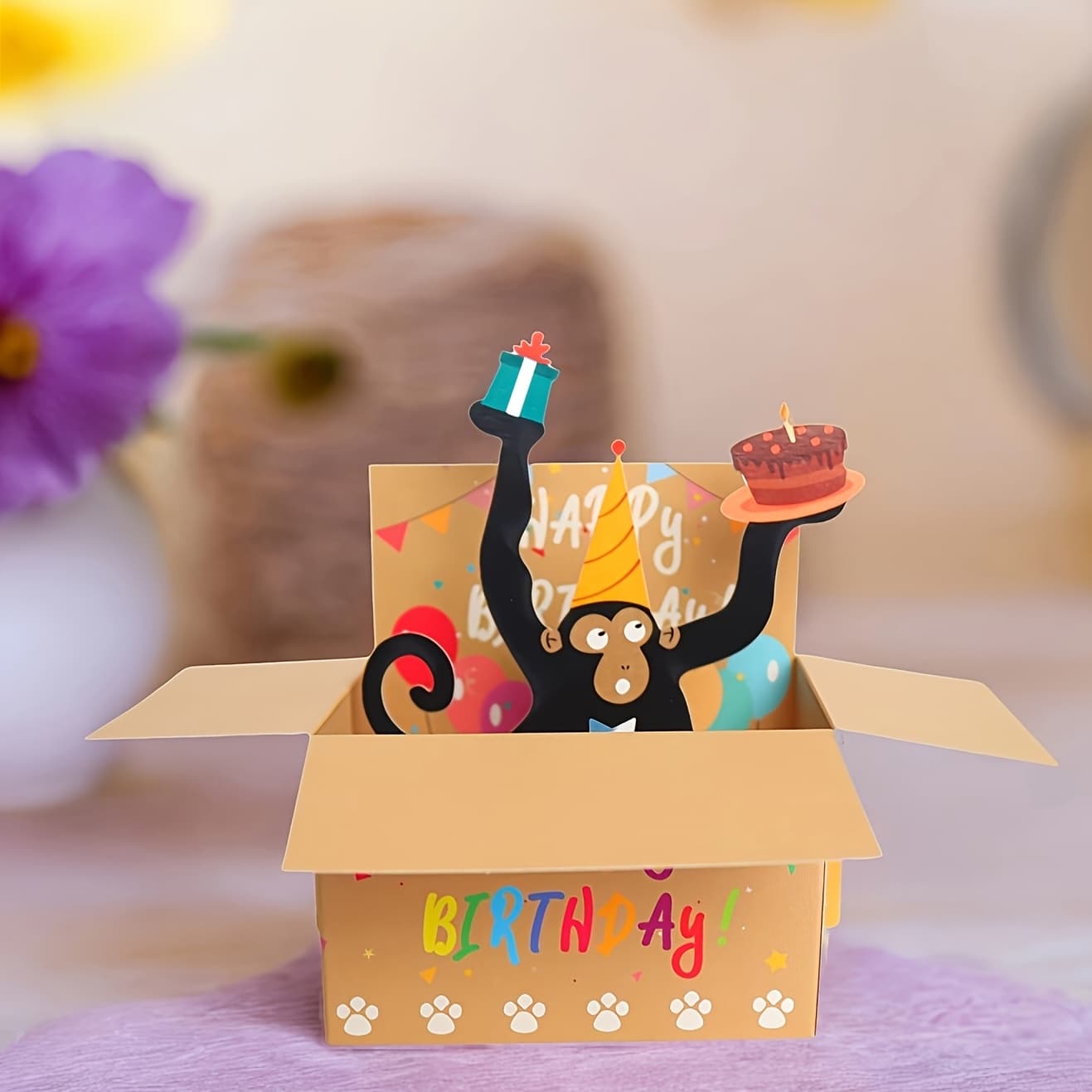 TEMU 1pc Delicate Funny Happy Birthday Pop Up Card, Monkey 3d Card With Space For Writing On The Back And , Birthday Greeting Card, Home Decor