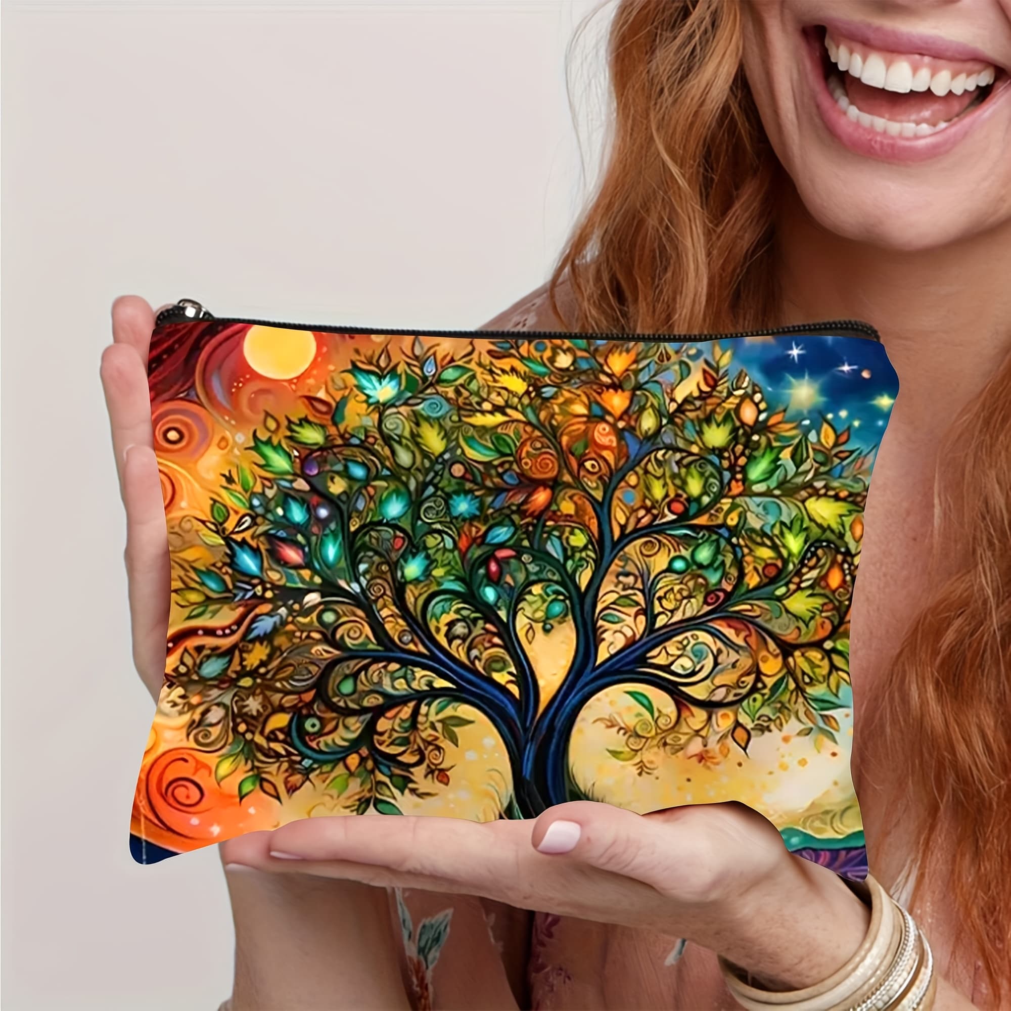 TEMU 1pc Life Tree Pattern Fashion Canvas Makeup Bag, Safe Zipper Closure, Women Travel Toiletry Bag, Zippered Lightweight Cosmetic Bags, Multi-functional Makeup Bags, Makeup Bags, Toiletry Bags