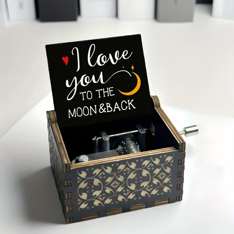 TEMU 1pc Hand-cranked Wooden Music Box With "i Love You & Back" Engraving, Retro Carved Design, Romantic Gift For Birthday, Valentine's, Halloween, Christmas, Thanksgiving - Black