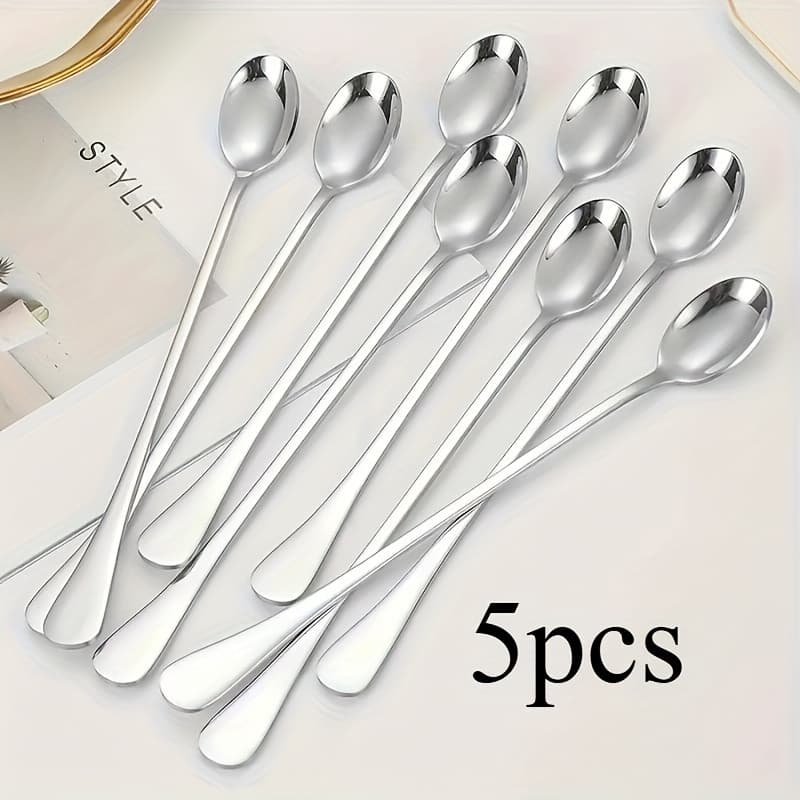TEMU 5pcs Stainless Steel Long Handle Spoon Set - Perfect For Iced Tea, - Dishwasher Safe Kitchen Flatware