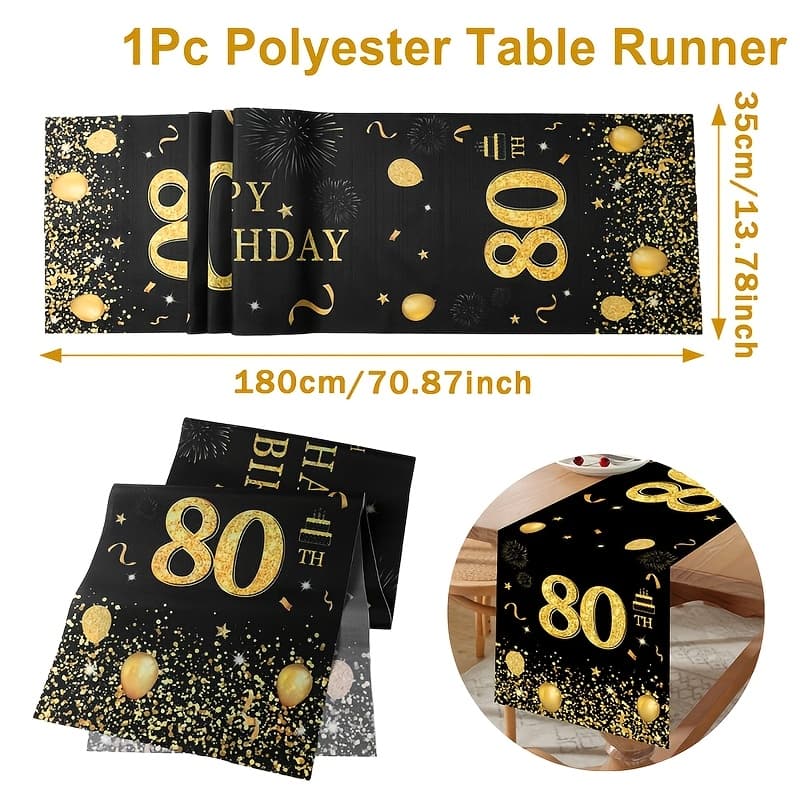 TEMU 1pc,80th Happy Birthday Table Runner,35*180cm Polyester Table Flag,balloon Firework Black Golden 80th Birthday Table Runner,birthday Party Table Decoration,party Favor,happy Birthday Supplies
