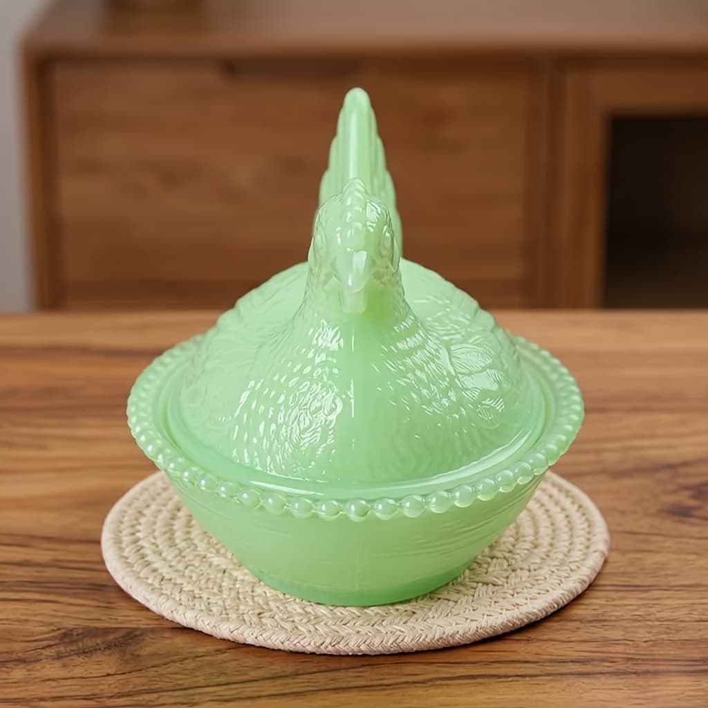 TEMU Retro Green Glass Chicken-shaped Nest Candy Plate-storage Jar With Decorative Hand-made Cover For Kitchen And Home Decoration-collectable Farmhouse Style Decorative Bowl