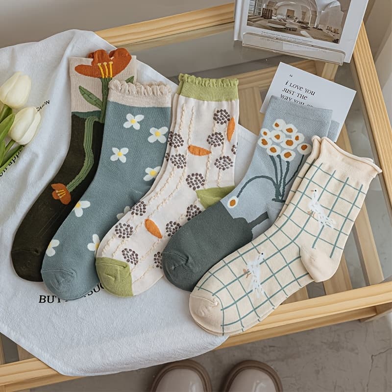 TEMU 5 Pairs Autumn Winter Sweet Girly Vibes Checkered Pattern Mid-calf Socks