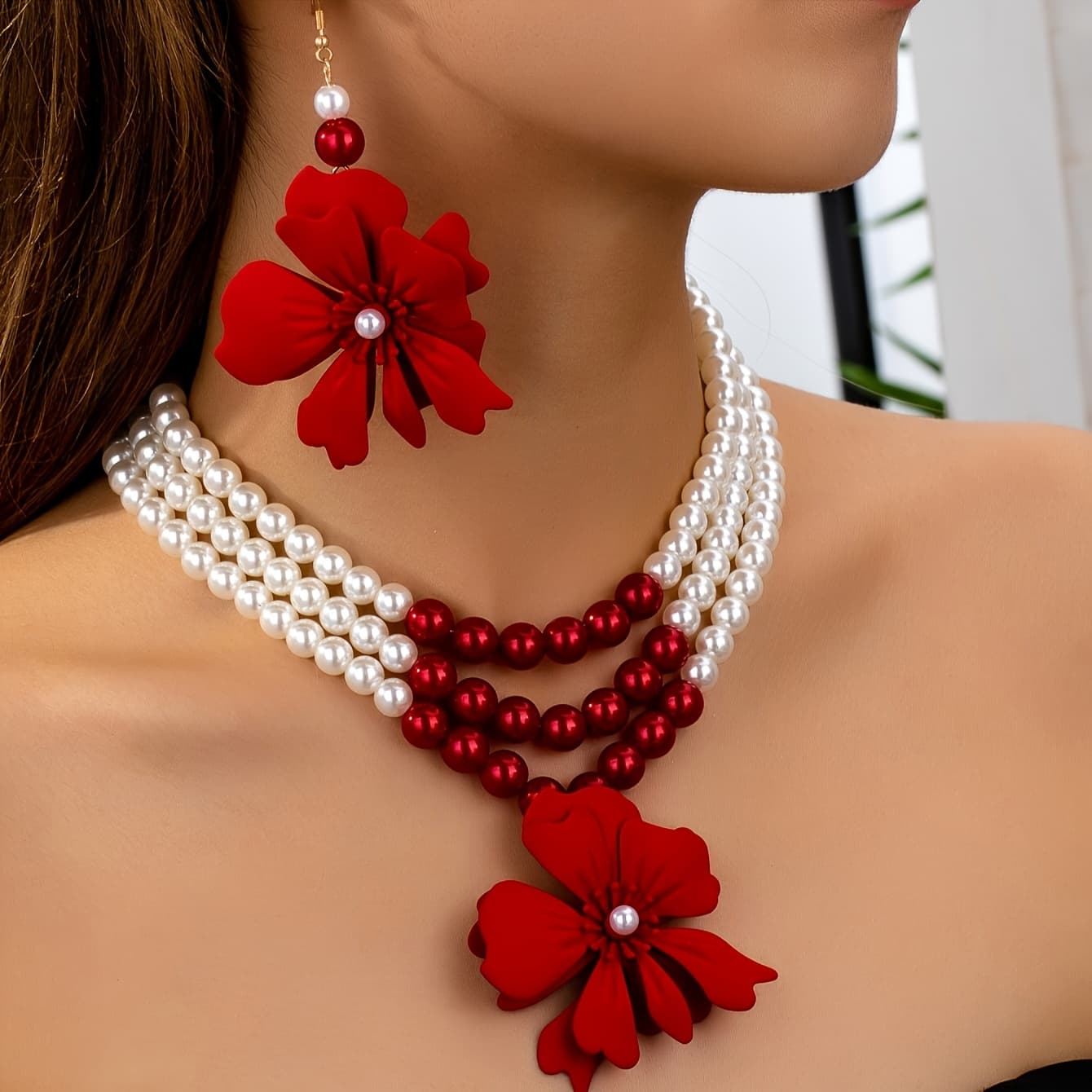 TEMU An Exquisite Three-piece Collection Featuring A Faux Pearl Necklace With A Floral Charm, Ideal For Stylish Women At Parties And Celebrations - Perfect For