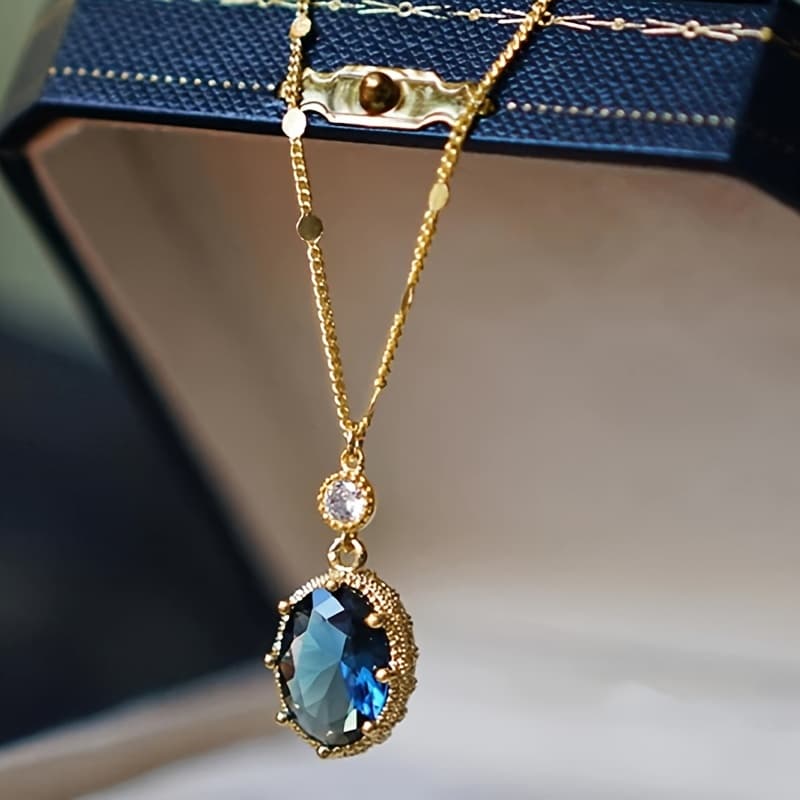 TEMU 1pc Women's Fashion Pendant Necklace, Blue Synthetic Synthetic Zirconia Pendant Necklace For Women, Banquet High-end Jewelry, Daily Casual Elegant Necklace,
