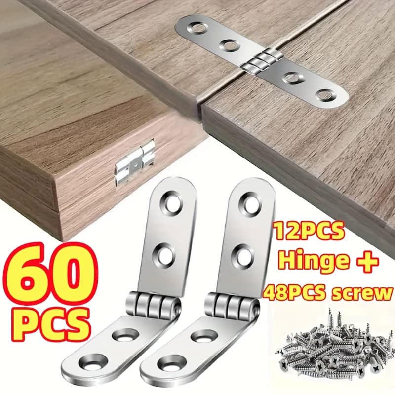 TEMU 60pcs ( 12pcs Foldable Hinge+48pcs Screw) Practical Furniture, Flexible Nut Hinge, Strong Pressure Resistance, Silvery Cabinet Door Hinge, For Household Use