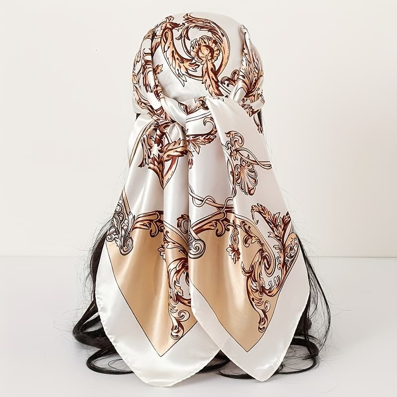 TEMU Large Elegant Floral & Golden Scarf - Soft Handkerchief Suitable For Daily Wear, Travel & Fashion - 90x90cm Square With Golden Accent Print - Versatile Shawl, Neck Wrap, Hair Accessory