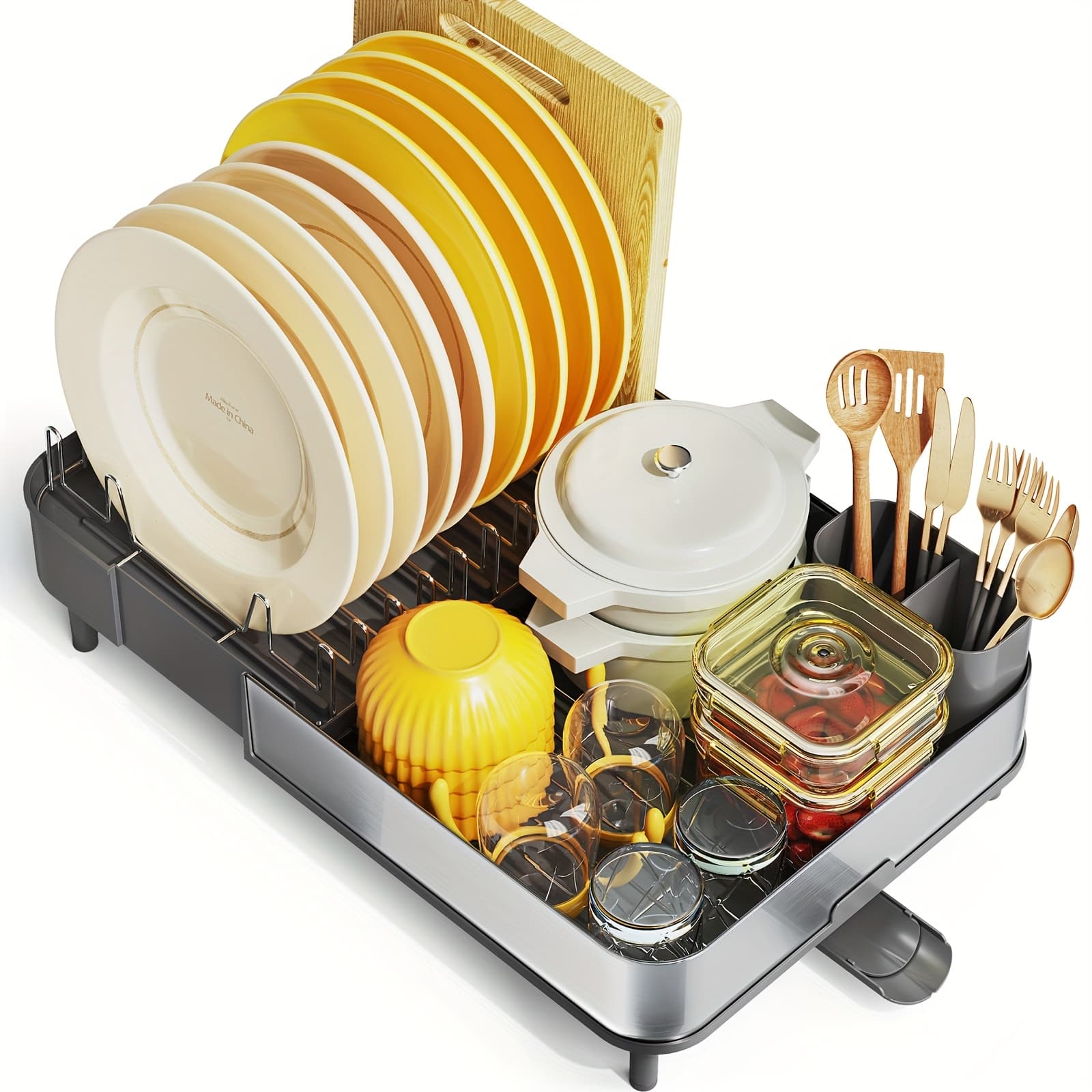 TEMU Kingrack Extendable Dish Drying Rack, Stainless Steel Dish Rack With Dual Parts, Dish Rack For Kitchen Counter, Movable Utensil Drainer, Grey