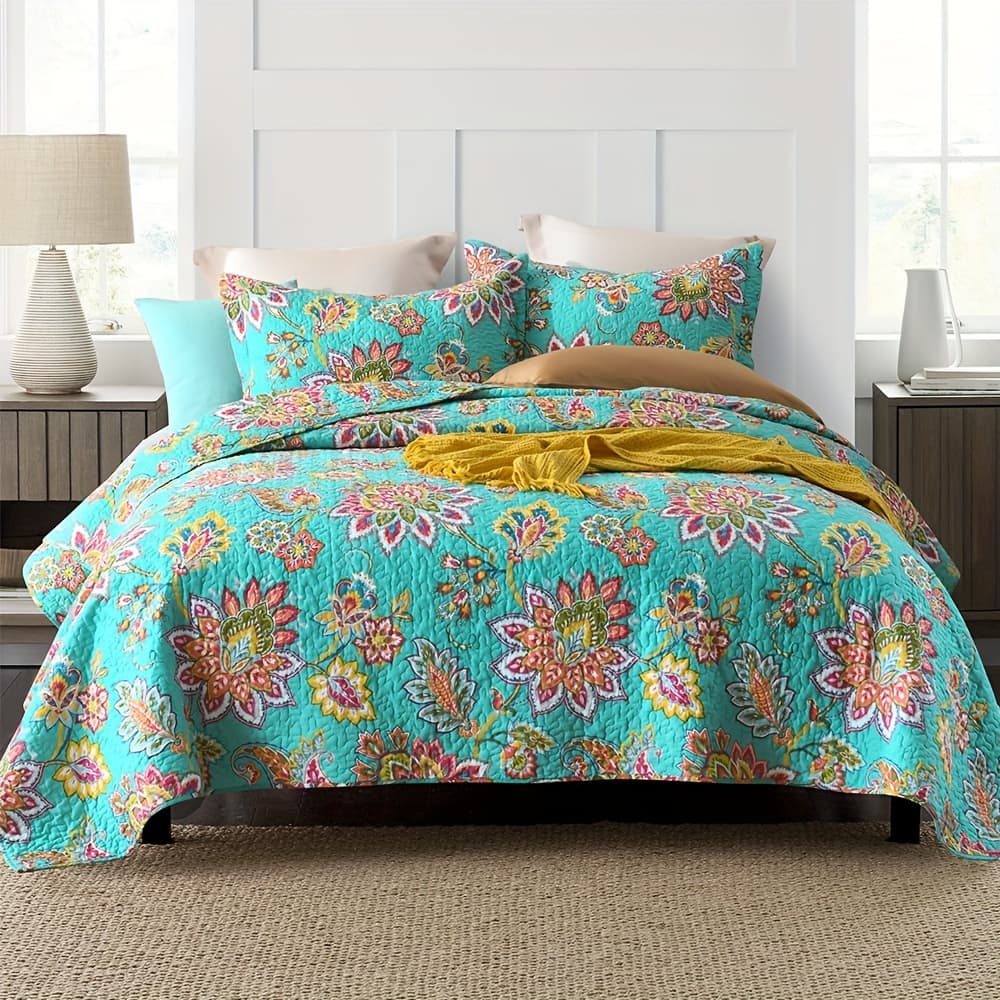 TEMU 3pcs-100%cotton Vintage Bedspread Quilt Sets Reversible Bedding Coverlet Sets, Paisley Floral Comforters Sets Queen, King Size Bed Comforter Sets, 1 Quilt With 2 Pillow Shams