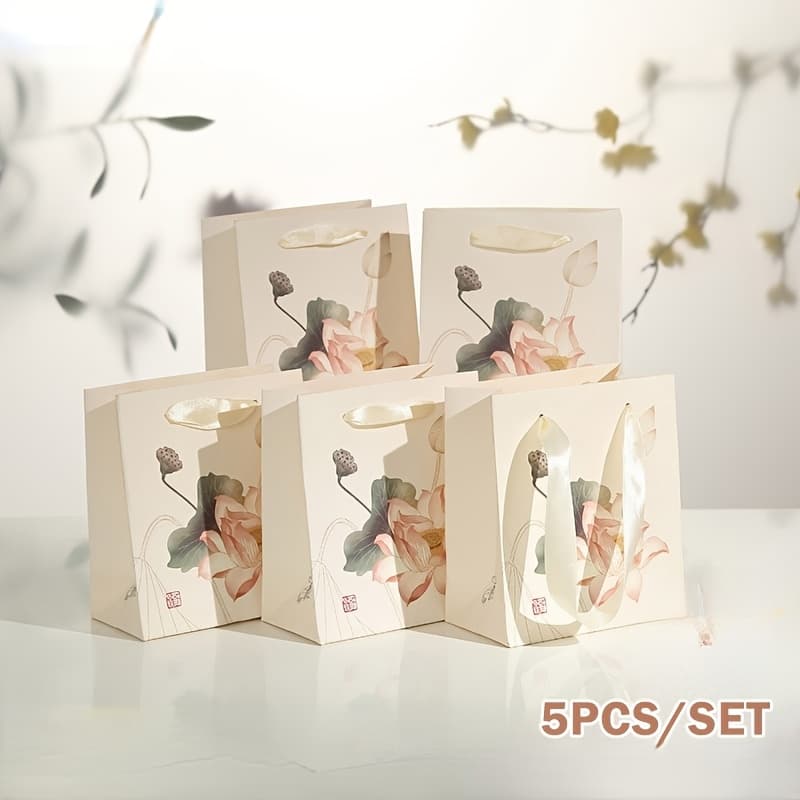 TEMU 5pcs Unique Chinese Lotus Pattern Handheld Gift Paper Bags Party Gift Packaging Decor Bags