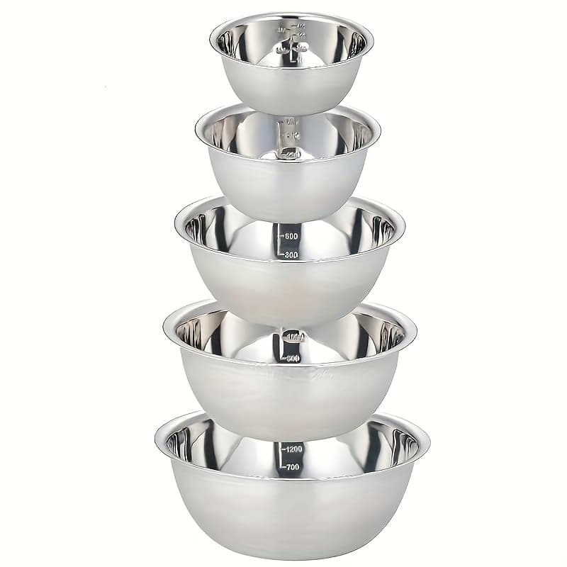 TEMU Mixing Bowl Set 5pcs Stainless Steel Mixing Bowls With Scale, Cooking Bowl For Cooking, Baking, Prepping, Household Kitchen Cooking Basin