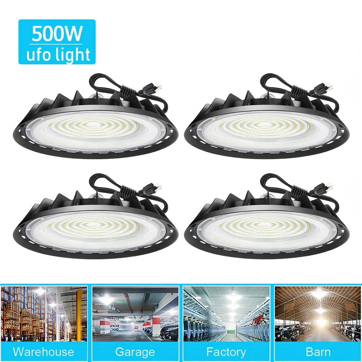 TEMU 4pcs 500w Ufo Led High , 90-277v, 6000k Cold White, 300 Watts Led Commercial Lighting Fixtures, Industrial Warehouse Garage Workshop Factory, Ip65, 4ft Us Plug