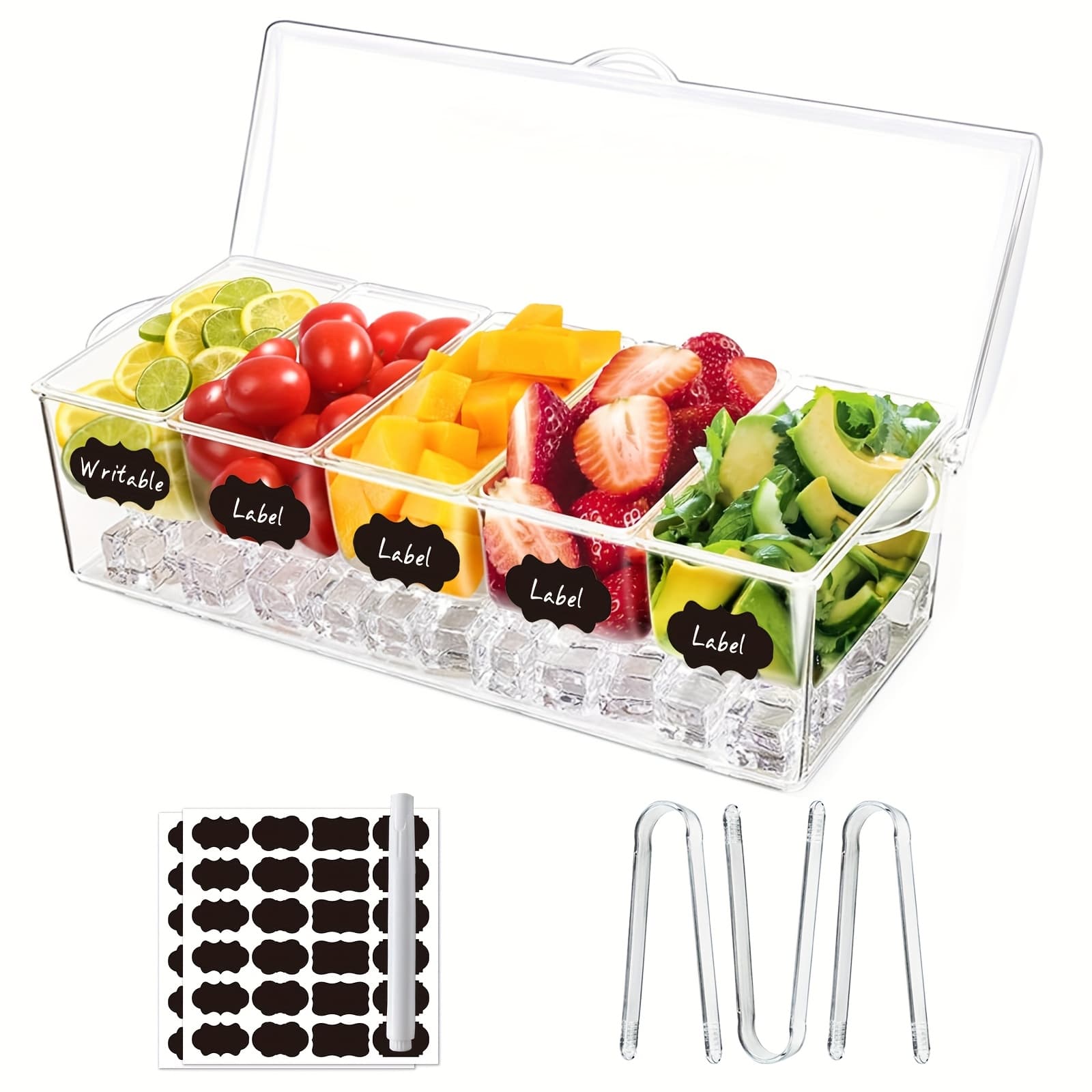 TEMU Bar Serving Tray With 5 Compartments Container, Fruit Trays For Serving, Garnish Platters With Lid, 3 Serving Tongs, 5 Plastic Spoons, 1 Attractive Gift Box, Come With 1 Pen And 2 Sticker, Clear