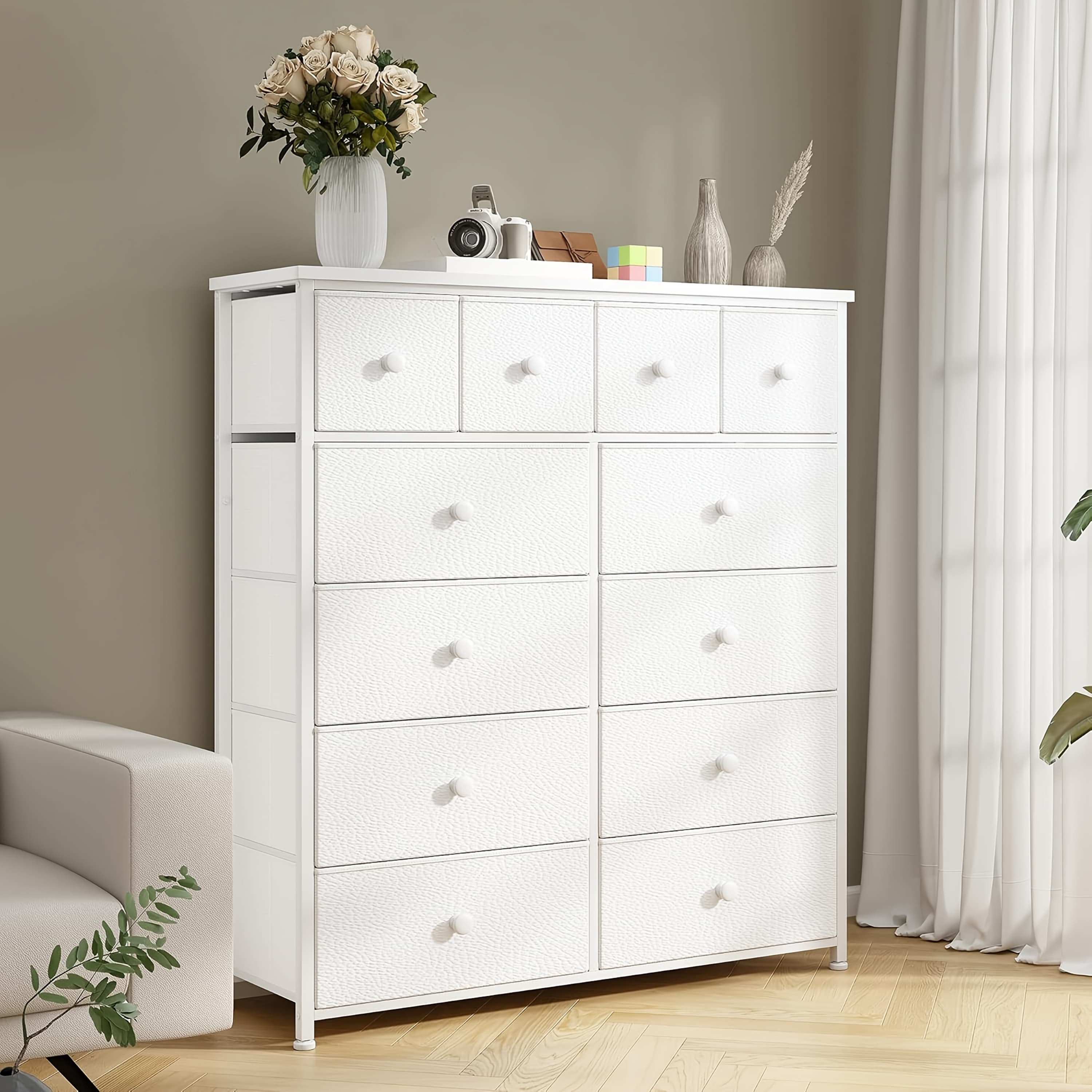 TEMU Fabric Drawer Dresser 8+4 White Leather, Storage Drawer Units