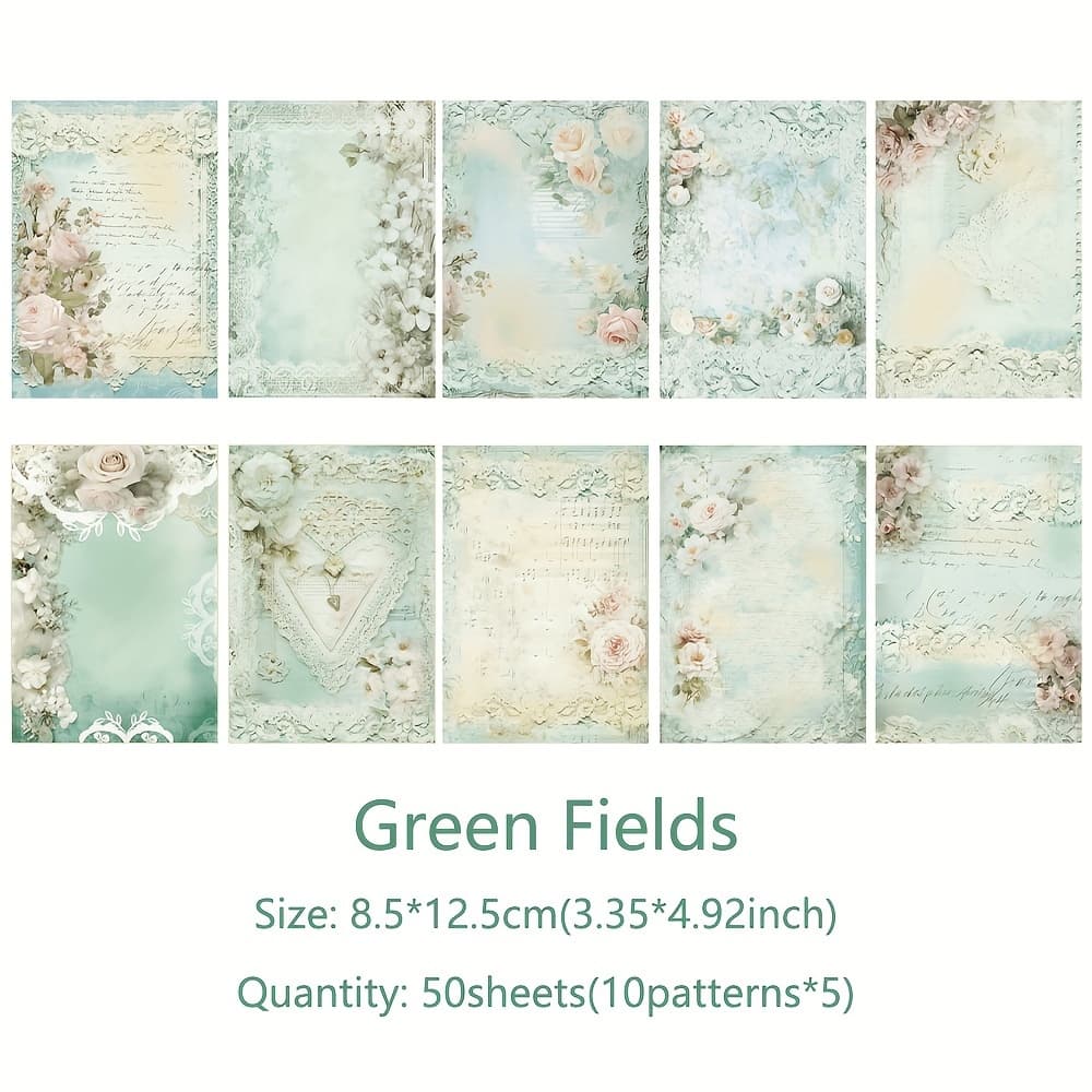 TEMU Pack Of 50 Sheets Of Retro- Green Lace Flower Paper, Perfect For Decorative Backgrounds In Notebooks, Planners, And For Art Projects