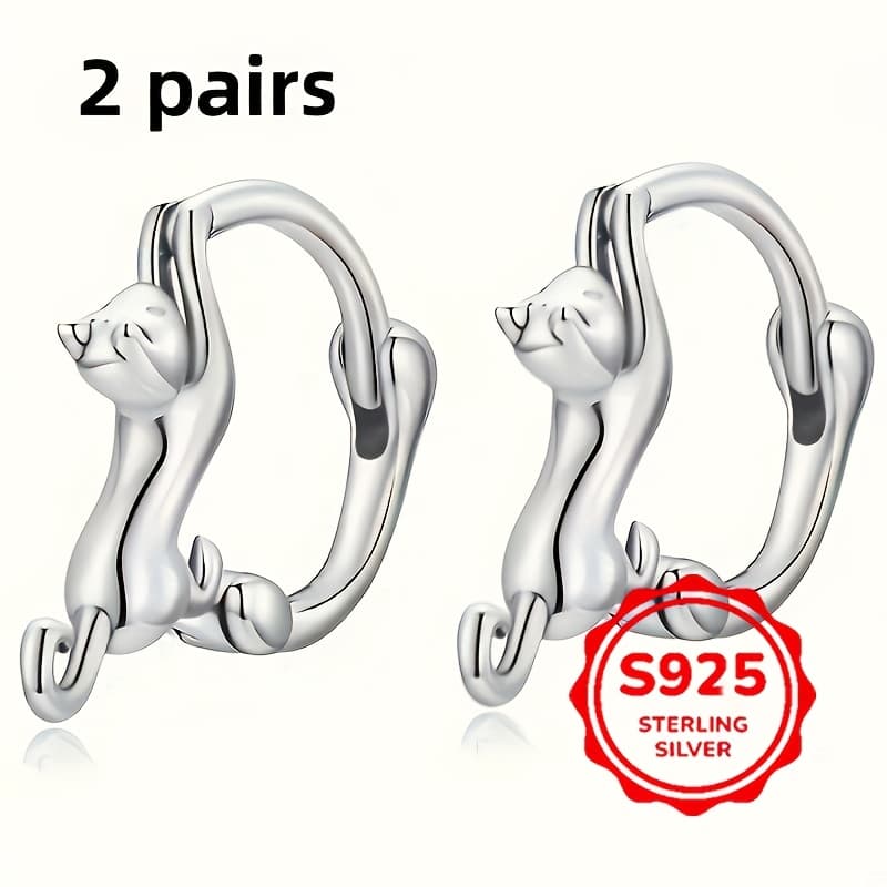 TEMU Of S925 Sterling Silvery Cute Cat Hoop Earrings Suitable For Party, Birthday Gifts, Everyday Casual Wear, Fashion Jewelry Earrings