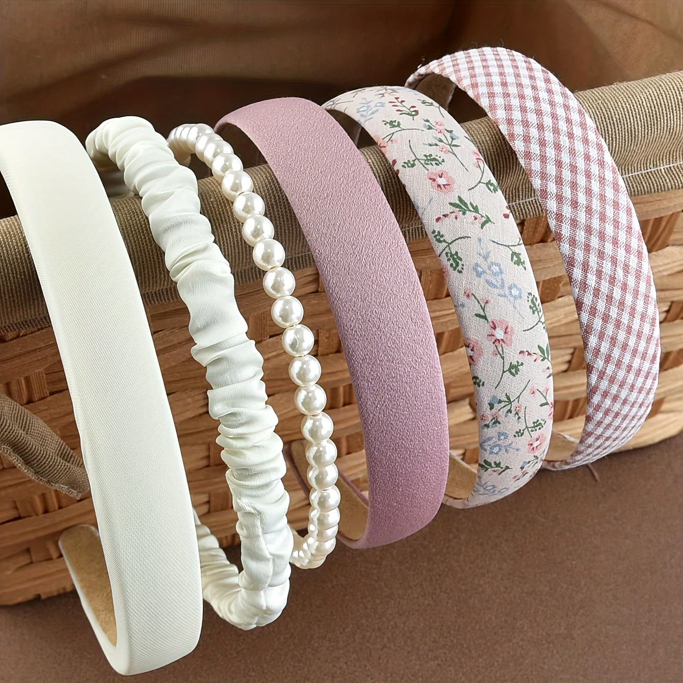 TEMU 6pcs Ladies Multi-color Fabric Flower Pearl Multi-style Hair Accessories Daily Use Simple Headband Set