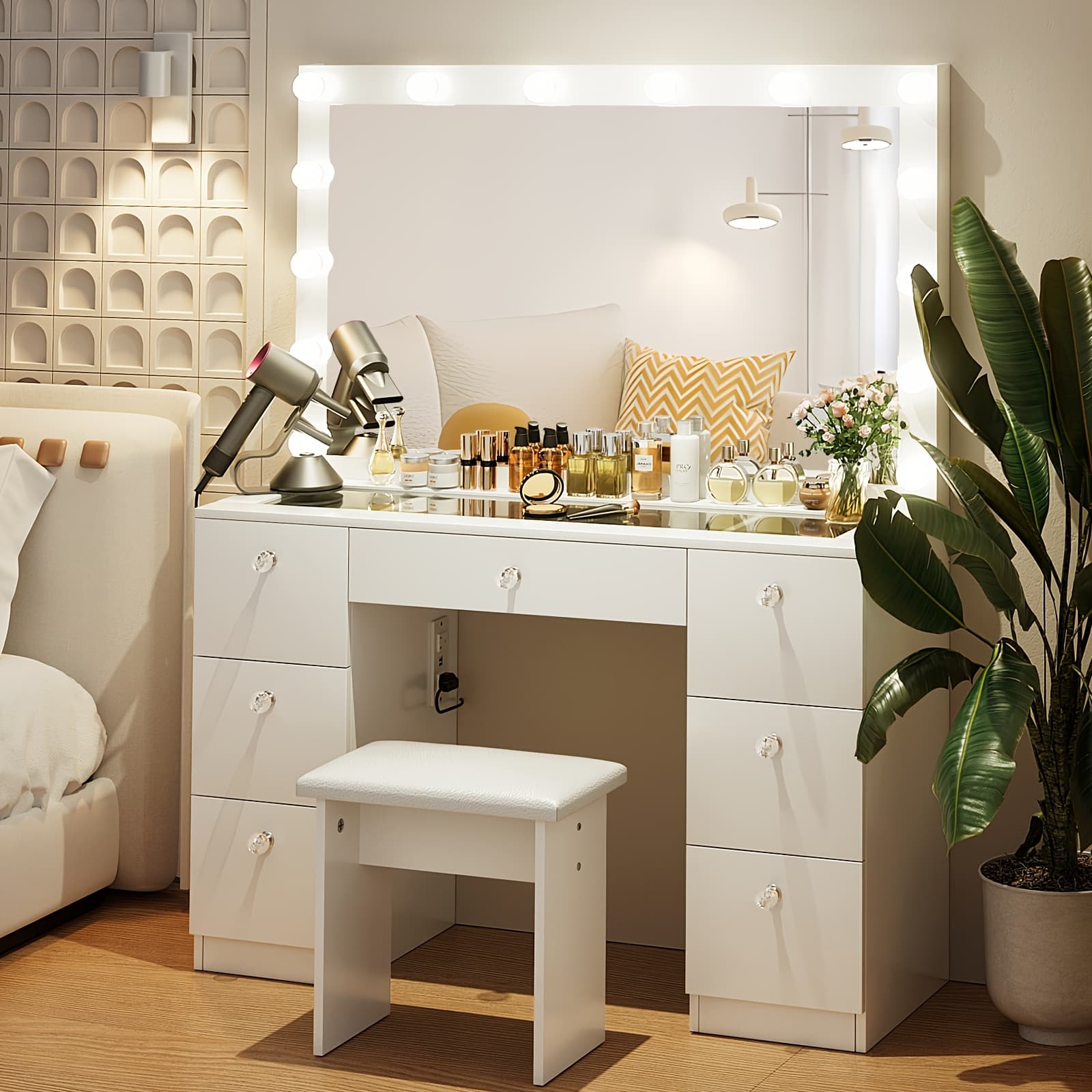 TEMU 43.3" Makeup Vanity Desk With Lighted Mirror, Power Outlet & Glass Top, 7 Drawer For Storage, Come With Stool, Gifts For Girls Women