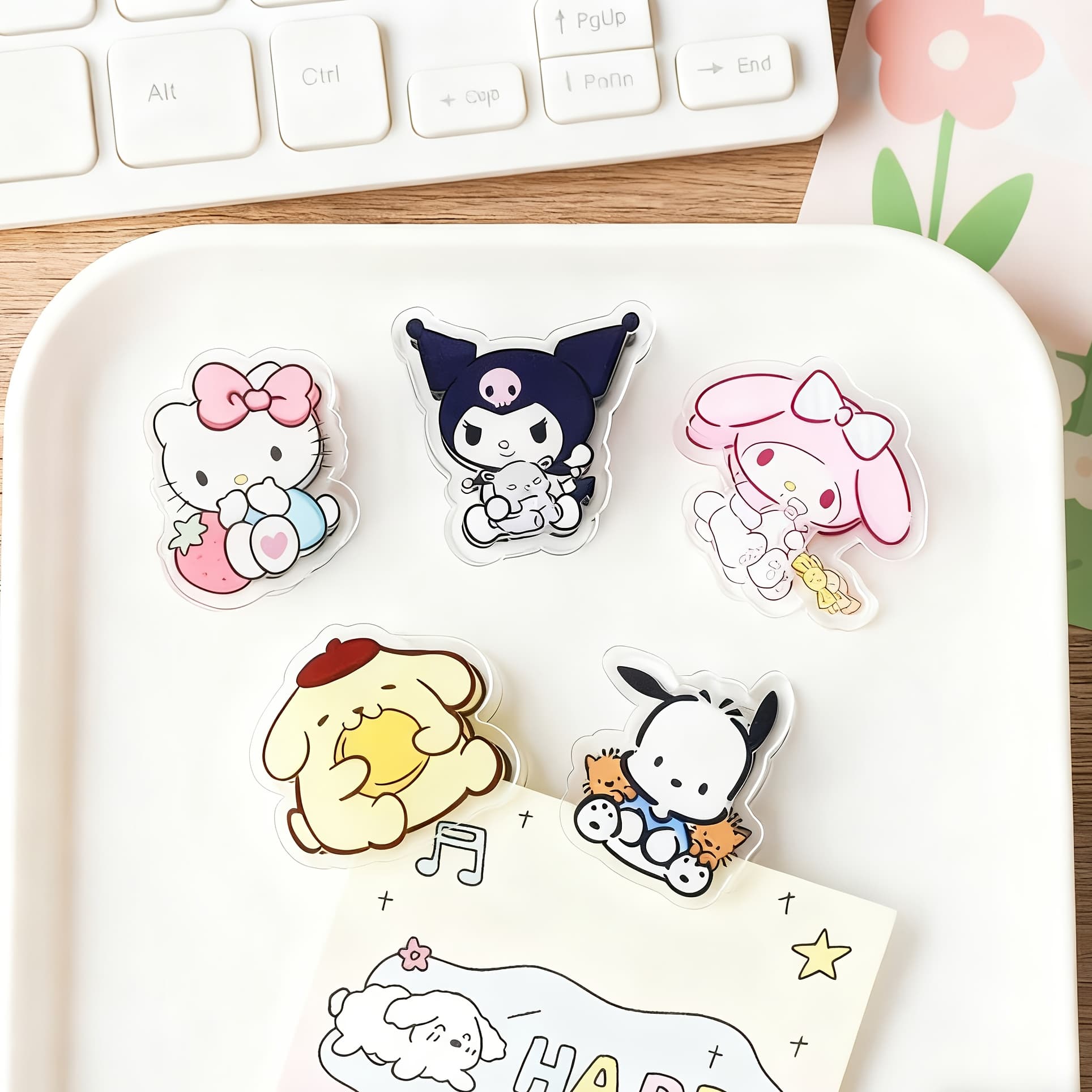 TEMU 5pcs Acrylic Pp Clip Set - Hello Kitty, Kuromi, Melody, Pompompurin, - Cute Character Snack Holders For School, Home, Office - Durable Pp Material