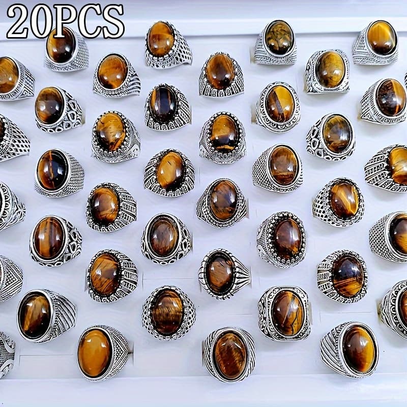 TEMU 20pcs/40pcs Vintage Tiger Eye Stone Band Rings For Men Women, Pattern Random Anniversary Gift Birthday Party Jewelry, Wide Face Ring, Classic Vintage Oval Tiger Eye Gemstone Claw Rings(size 7-11)