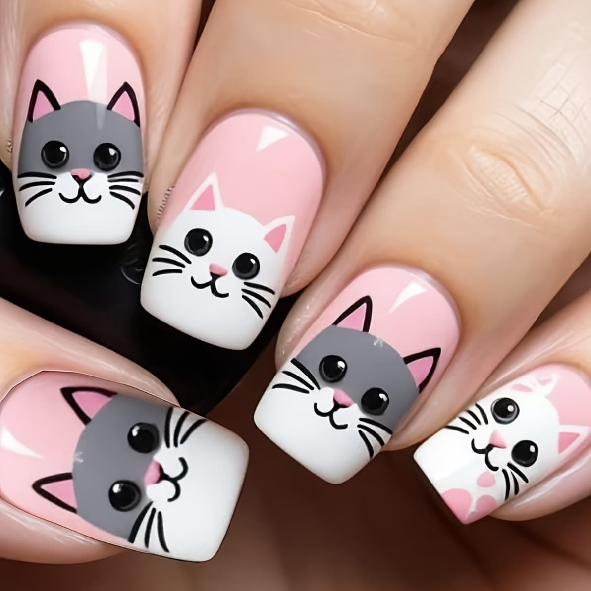 TEMU 24pcs Of Cute Cat Nail Art Cartoon Animal Fake Nail Stickers With An Sense Of Girlishness. Medium-sized Square Nail Pieces For Nail Art Accessories, Easy To Apply And Remove.