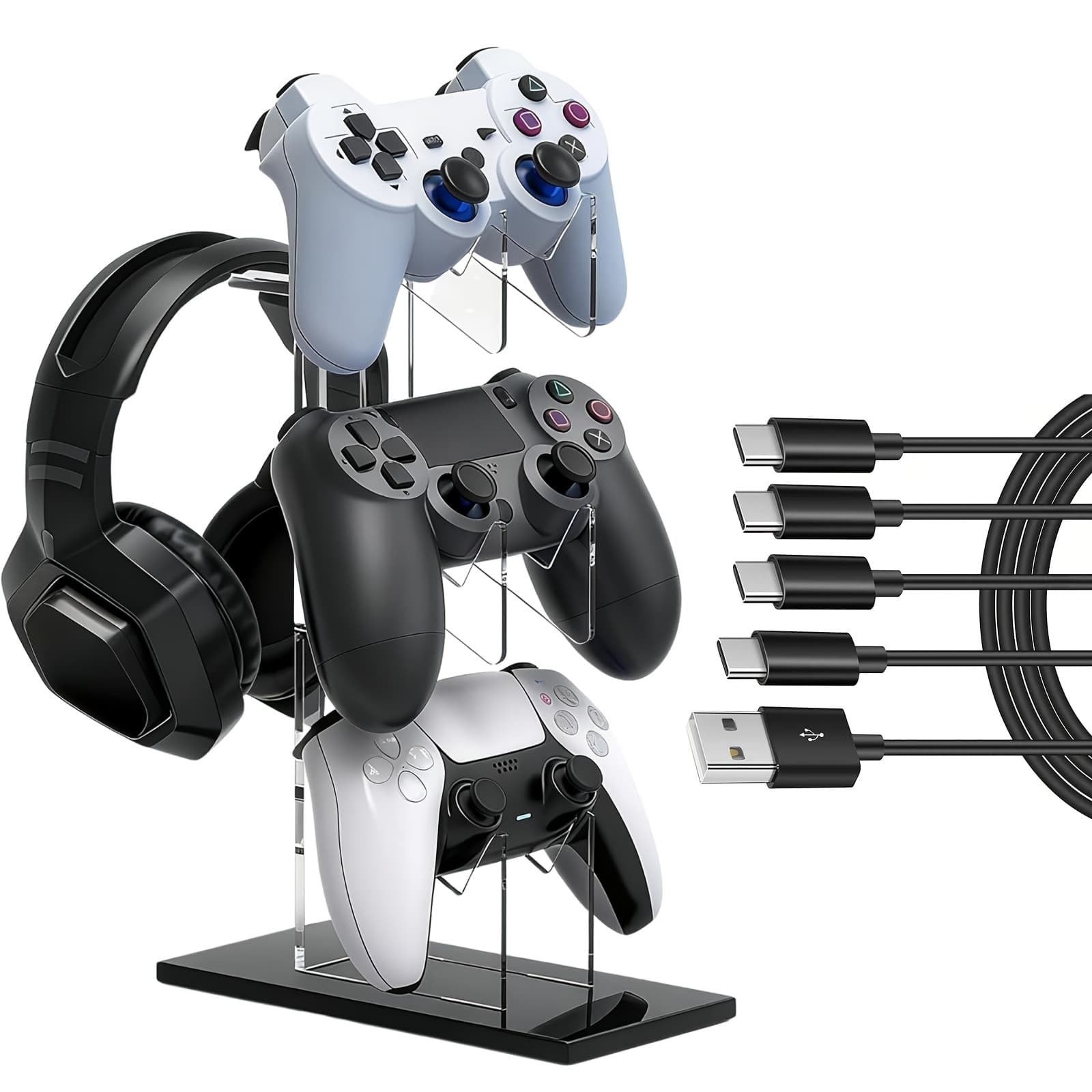 TEMU 3-tier Controller Stand, Acrylic Controller Holder With Headset Stand For Ps4 Ps5 Controllers Gaming Room Additions With Mini Holder/ Type-c Cable