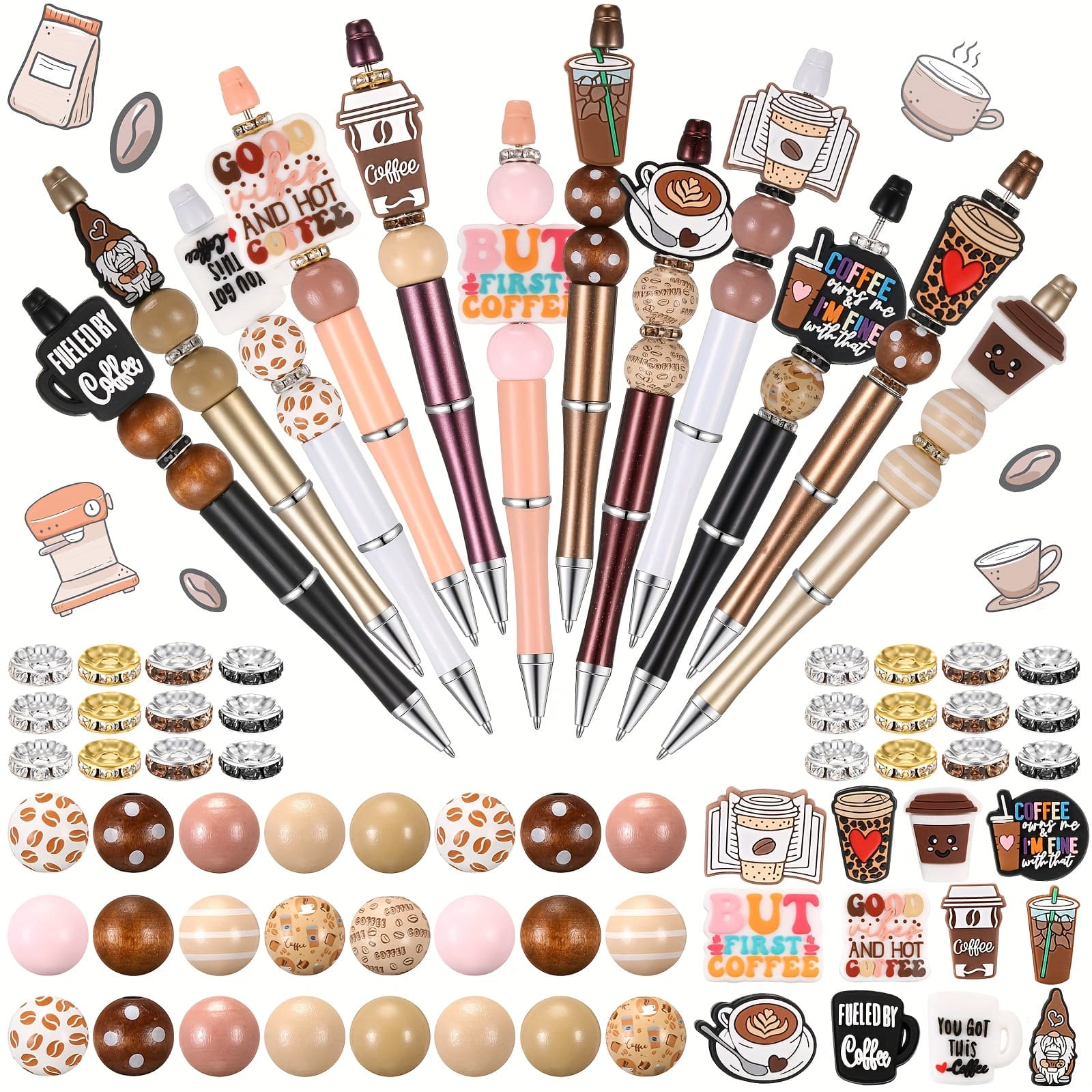 TEMU 12 Set Beadable Pens Assorted Bead Pens Wood Crystal Round Spacer Set Black Ink Diy Ballpoint For Women Men Gift Office Supplies(multicolor, Coffee)