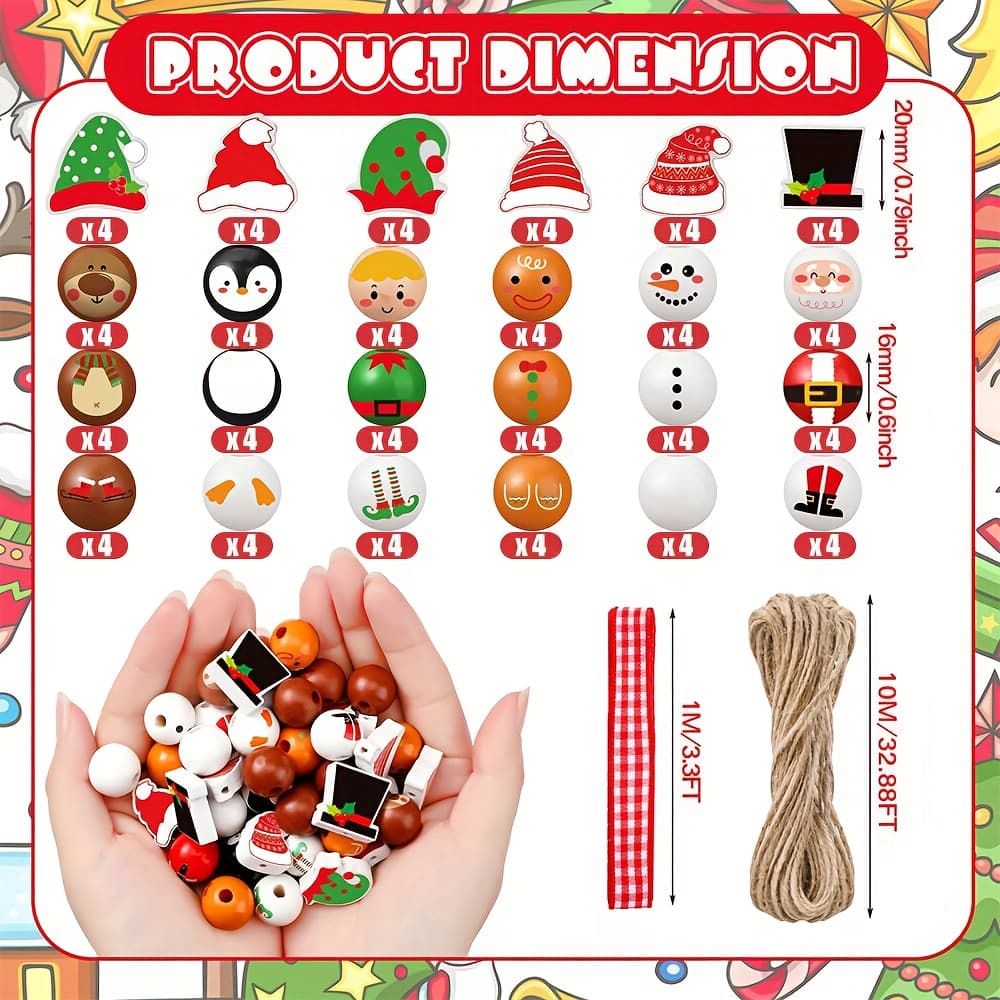 TEMU 96pcs Christmas Wood Beads With Twine - Santa/gingerbread Man/ | For Garland, Diy Crafts & Farmhouse Home Decor