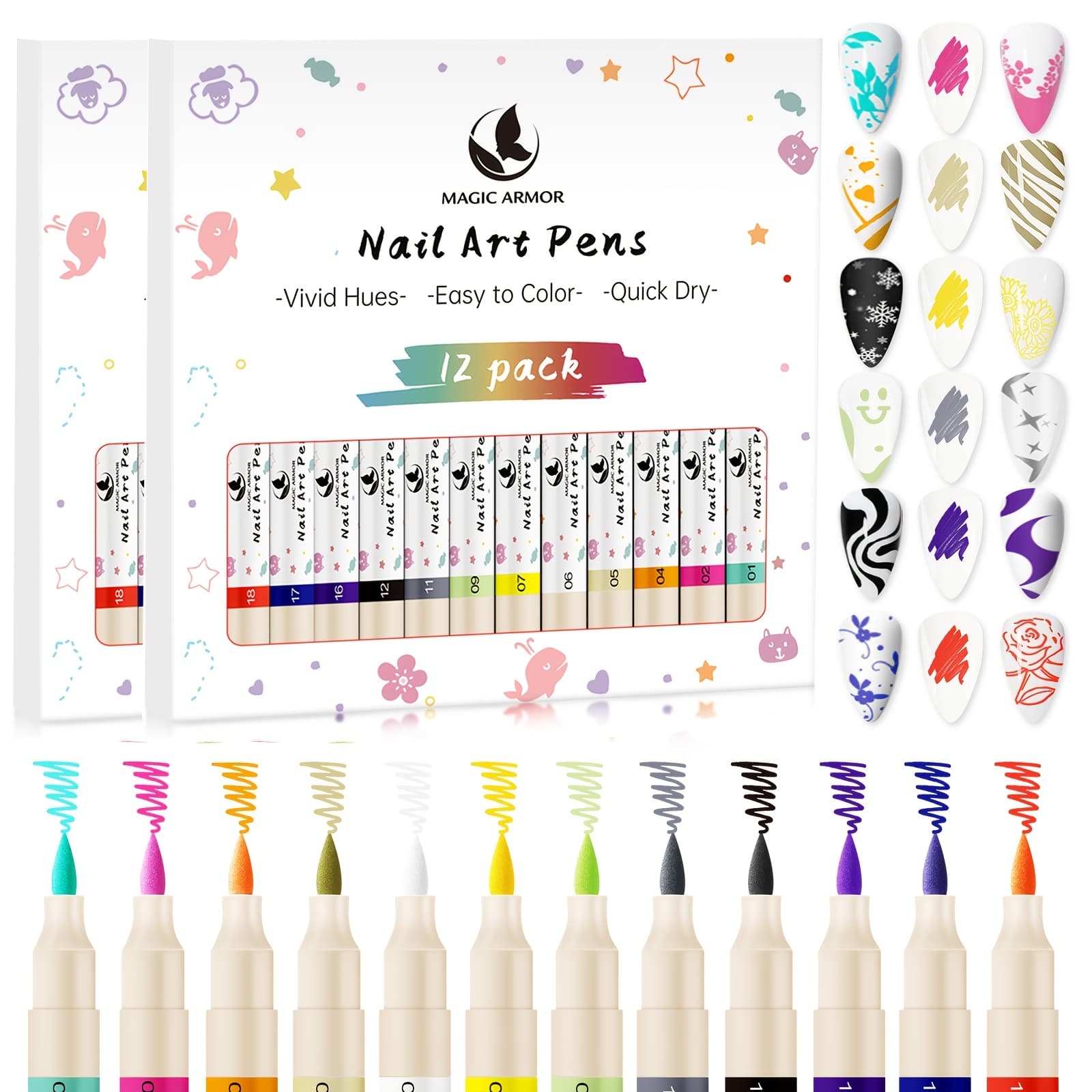 TEMU 2 Sets Of 12 Art Brushes | Nail Markers Suitable For Lines, Floral Patterns, Vibrant Colors | Nail Art Tools, Smooth Application, Abs Plastic Brush Rod, Ideal For Home Nail Art And Nail Salons