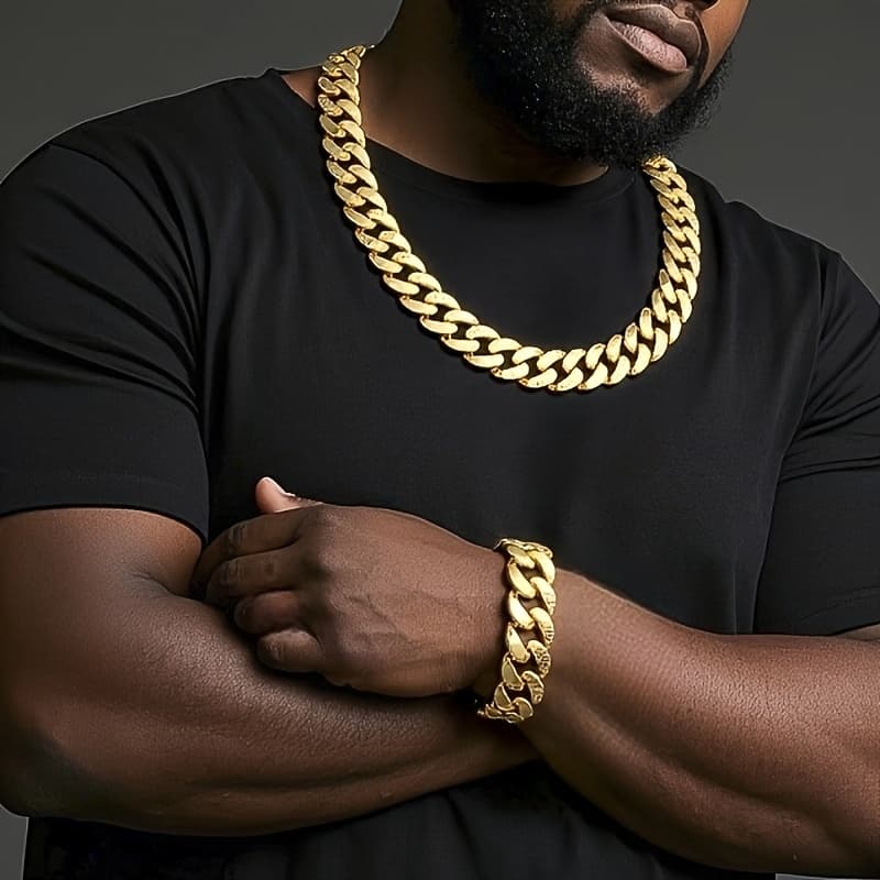 TEMU Classic Hip-hop 2pcs Cuban Bracelet And Necklace Set, Perfect For Casual Attire Party Outfits, Elegant Jewelry Gift For Men And Women