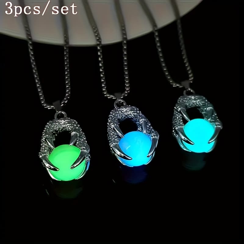 TEMU 3pcs/set -the- Claw Pendant Necklace, Stainless Steel Chain Inlaid Fluorescent Stone, Cool Men's Necklace Jewelry - Unisex Accessory, Ideal Gift For Birthday & Daily Wear