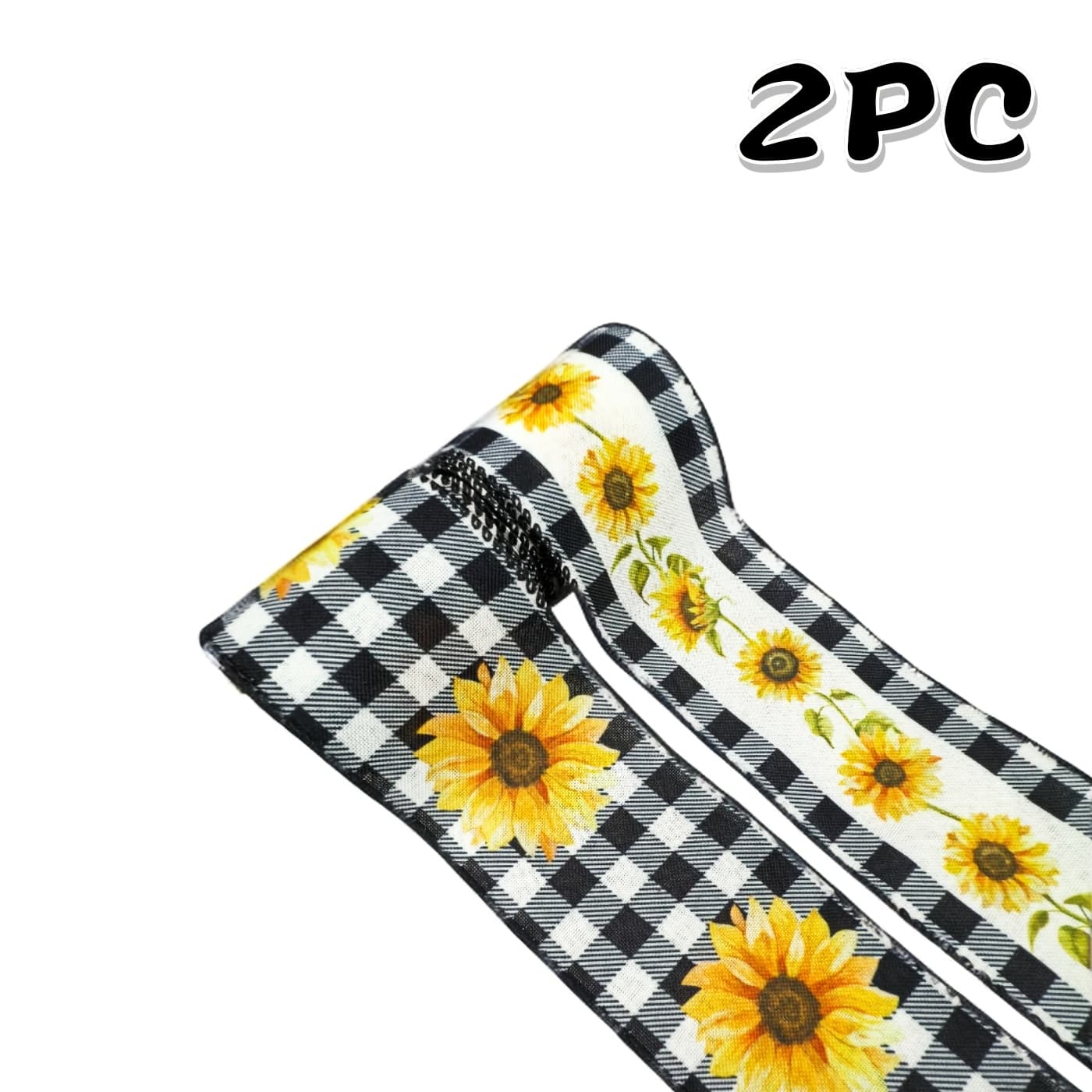 TEMU 2pcs Classic Sunflower Wired Edge Ribbon, 2. 5 Inch, Polyester Floral Decorative Craft Ribbon For Gift Wrapping, Hair Bows, Sewing, Wreath Crafts, Home Decor - Holiday Use Without Electricity